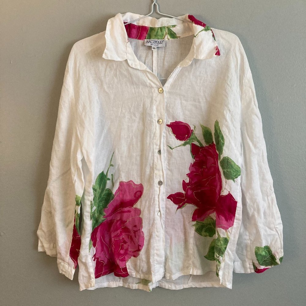 Sagimar Red Rose Floral White Shirt 100% Linen Blouse Size Large - Italy